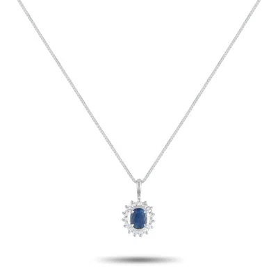 Lb Exclusive Platinum 0.20 Ct Diamond And 0.71 Ct Sapphire Oval Sunburst Pendant Necklace Mf32-082125 In Silver