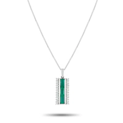 Lb Exclusive Platinum 0.25 Ct Diamond And 0.93 Ct Emerald Bar Pendant Necklace Mf07-082225 In Silver