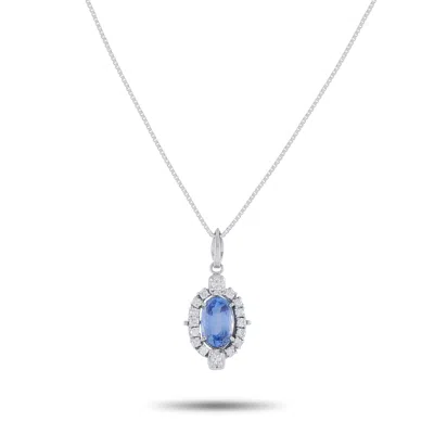 Lb Exclusive Platinum 0.31 Ct Diamond And 1.93 Ct Sapphire Oval Halo Pendant Necklace Mf28-110425 In Blue