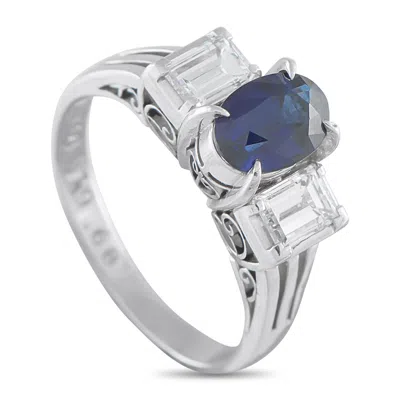 Lb Exclusive Platinum 0.68 Ct Diamond And 1.19 Ct Sapphire Three Stone Ring #5270 In Metallic