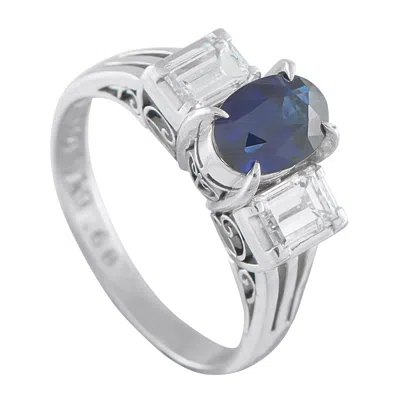 Pre-owned Lb Exclusive Platinum 0.68ct Diamond And Sapphire Three-stone Ring #5270 In Blue