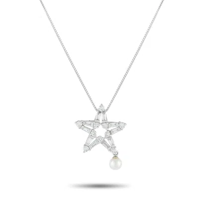 Lb Exclusive Platinum 0.80 Ct Diamond And Pearl Star Pendant Necklace Mf35-082225 In White