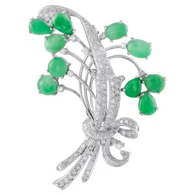 Pre-owned Lb Exclusive Platinum 1.10ct Diamond And Jade Floral Brooch Mf42-062526 In Green