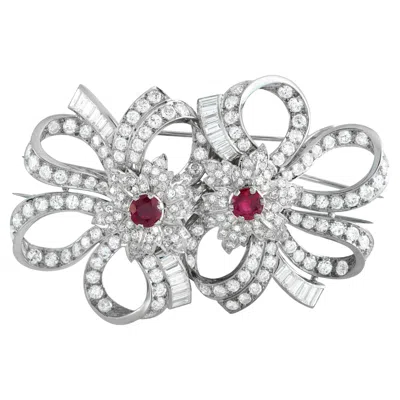 Pre-owned Lb Exclusive Platinum 11.10ct Diamond And Ruby Bow And Bloom Brooch Mf11-020526 In Multi