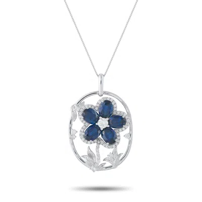 Lb Exclusive Platinum 1.26ct Diamond And Sapphire Flower Pendant Necklace Mf21-062226 In Silver