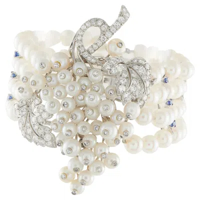 Pre-owned Lb Exclusive Platinum And 14k White Gold 3.20ct Diamond, Sapphire, And Pearl Bracelet