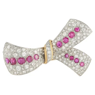 Pre-owned Lb Exclusive Platinum And 18k Yellow Gold 5.50ct Diamond And Ruby Bow Brooch Mf25-030326