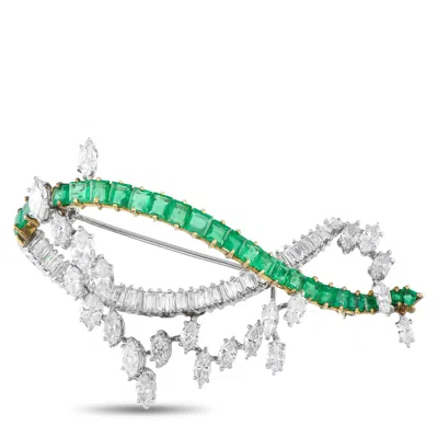 Lb Exclusive Platinum And 18k Yellow Gold 8.5 Ct Diamond And 2.75 Ct Emerald Brooch Mf01-080725 In Green