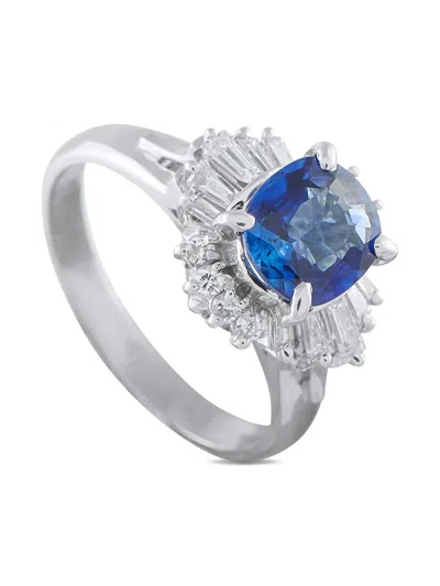 Pre-owned Lb Exclusive Platinum Ballerina Halo Diamond Sapphire Ring In Silver