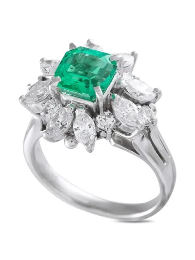 Pre-owned Lb Exclusive Platinum Diamond And Emeral Ring In Silver