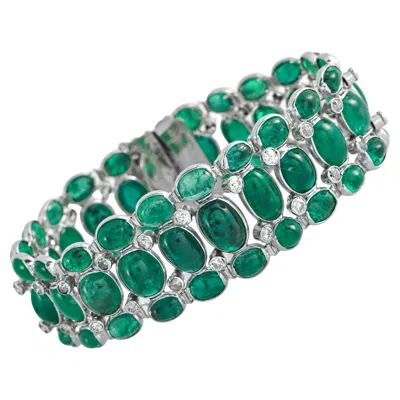 Pre-owned Lb Exclusive Platinum Diamond And Emerald Bracelet Mf01-012326 In Green