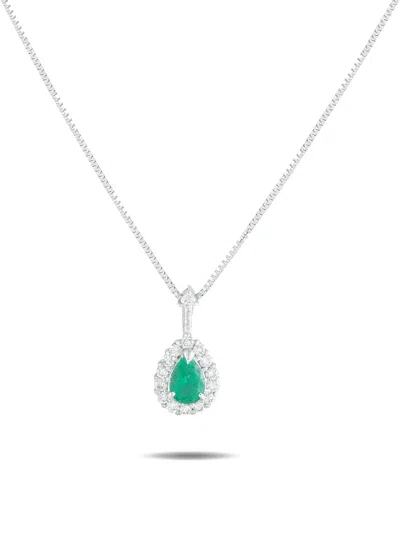 Pre-owned Lb Exclusive Platinum Diamond And Emerald Necklace In Silver