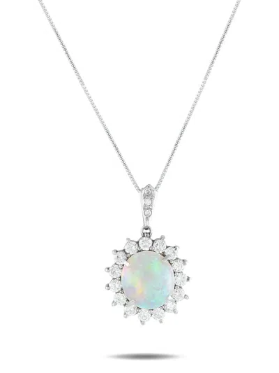 Pre-owned Lb Exclusive Platinum Diamond And Opal Halo Necklace In Silver