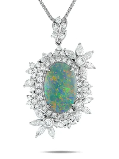 Pre-owned Lb Exclusive Platinum Diamond And Opal Necklace In Silver