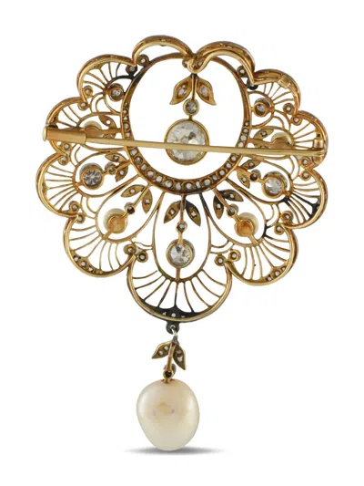Pre-owned Lb Exclusive Platinum Diamond And Pearl Brooch In Gold