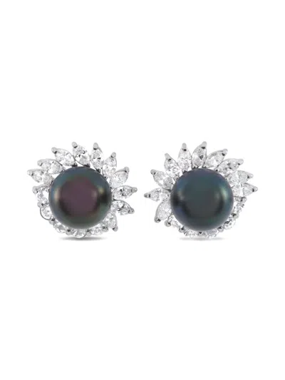 Pre-owned Lb Exclusive Platinum Diamond And Pearl Earrings In Silver