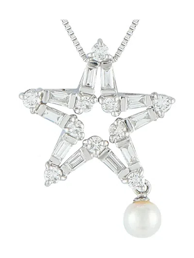 Pre-owned Lb Exclusive Platinum Diamond And Pearl Necklace In Silver