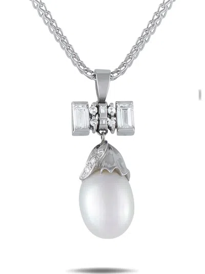 Pre-owned Lb Exclusive Platinum Diamond And Pearl Necklace In Silver