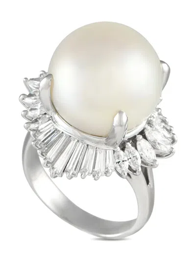Pre-owned Lb Exclusive Platinum Diamond And Pearl Ring In 银色
