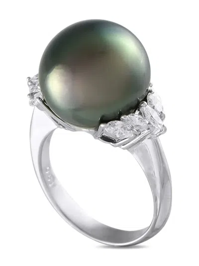 Pre-owned Lb Exclusive Platinum Diamond And Pearl Ring In Silver
