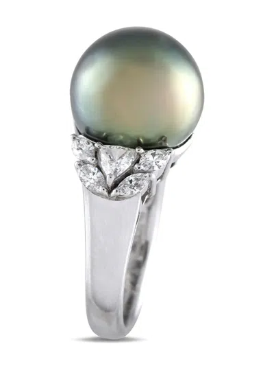 Pre-owned Lb Exclusive Platinum Diamond And Pearl Ring In Silver
