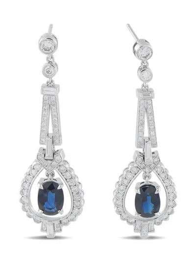 Pre-owned Lb Exclusive Platinum Diamond And Sapphire Drop Earrings In Silver