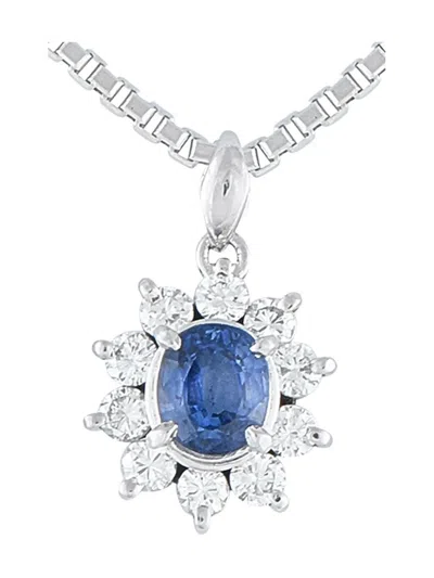 Pre-owned Lb Exclusive Platinum Diamond And Sapphire Halo Necklace In Silver