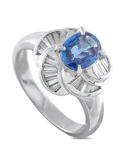 Pre-owned Lb Exclusive Platinum Diamond And Sapphire Halo Ring In Silver