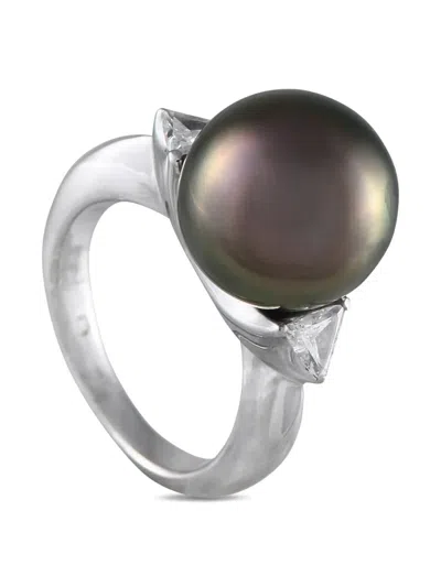 Pre-owned Lb Exclusive Platinum Diamond And Tahitian Pearl Ring In Silver