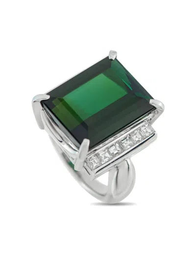 Pre-owned Lb Exclusive Platinum Diamond And Tourmaline Ring In Silver