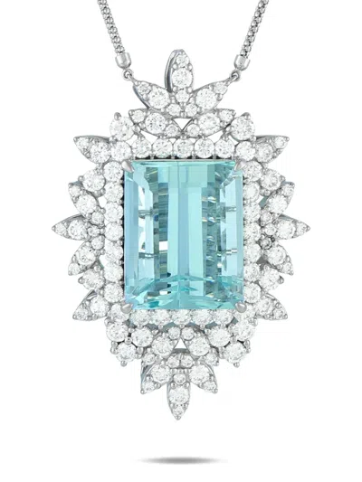 Pre-owned Lb Exclusive Platinum Diamond Aquamarine Necklace In Silver