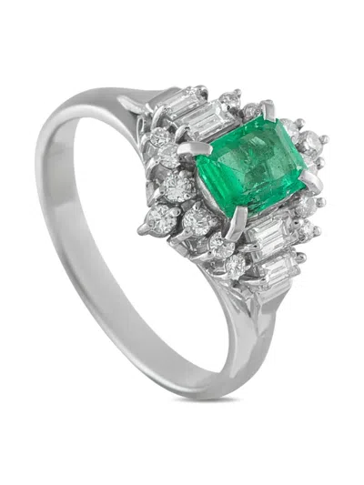 Pre-owned Lb Exclusive Platinum Diamond Emerald Cluster Ring In Silver