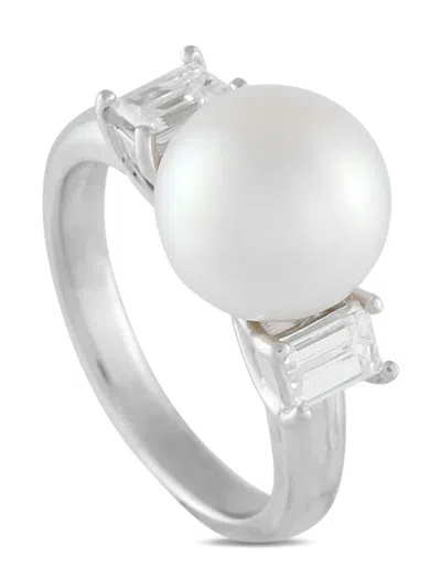 Pre-owned Lb Exclusive Platinum Diamond Pearl Ring In Silver