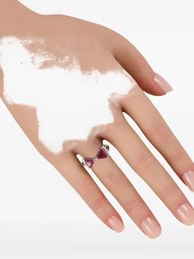 Pre-owned Lb Exclusive Platinum Diamond Ruby Bow-motif Ring In Silver