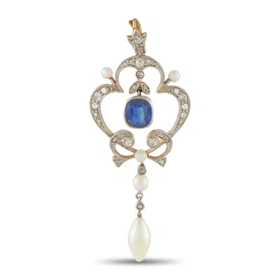 Lb Exclusive Platinum Diamond, Sapphire, And Pearl Antique Pendant #5323 In Silver