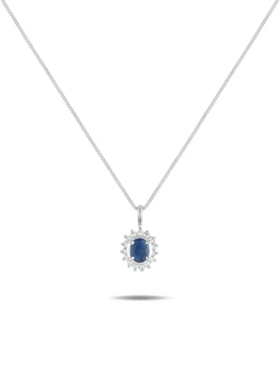 Pre-owned Lb Exclusive Platinum Diamond Sapphire Sunburst Pendant Necklace In Silver