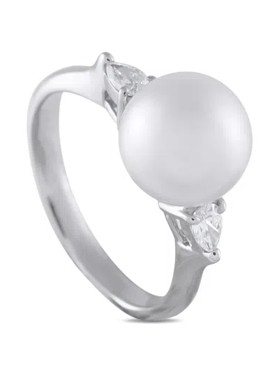 Pre-owned Lb Exclusive Platinum Diamond White Pearl Ring In Silver
