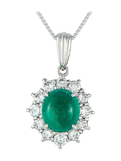 Pre-owned Lb Exclusive Platinum Emerald And Diamond Halo Necklace In Silver