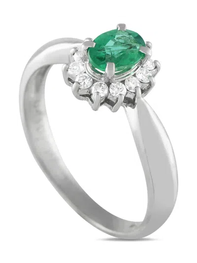 Pre-owned Lb Exclusive Platinum Emerald And Diamond Halo Ring In Silver