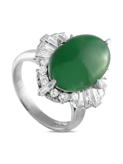 Pre-owned Lb Exclusive Platinum Halo Diamond And Jade Ring In Silver
