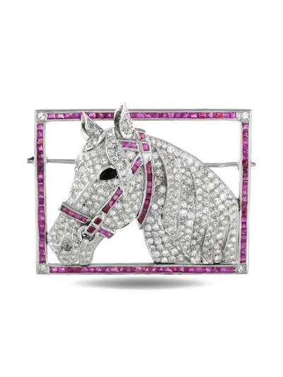Pre-owned Lb Exclusive Platinum Horse Diamond And Ruby Brooch In Silver