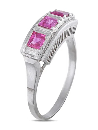 Pre-owned Lb Exclusive Platinum Linear-band Diamond And Ruby Ring In Silver