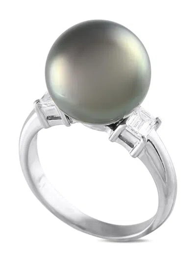 Pre-owned Lb Exclusive Platinum Pearl And Diamond Ring In Silver