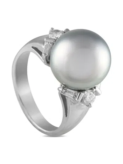 Pre-owned Lb Exclusive Platinum Pearl And Diamond Ring In Silver