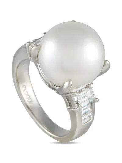 Pre-owned Lb Exclusive Platinum Pearl And Diamonds Ring In Silver