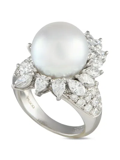 Pre-owned Lb Exclusive Platinum Pearl And Diamonds Ring In Silver
