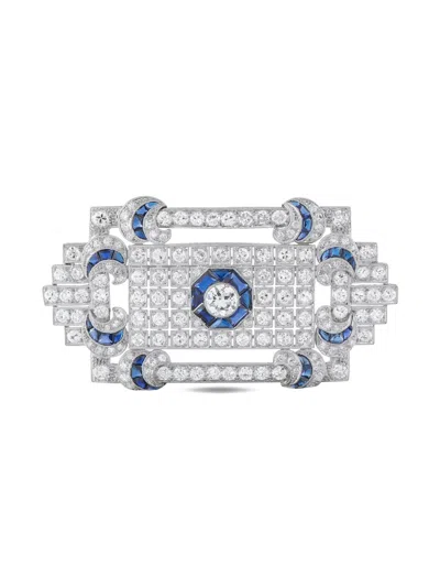 Pre-owned Lb Exclusive Platinum Rectangle Diamond And Sapphire Brooch In Silver