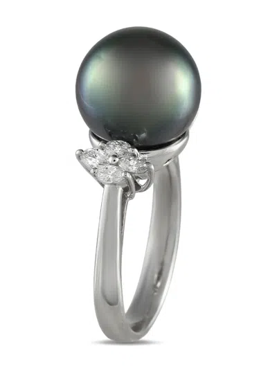 Pre-owned Lb Exclusive Platinum Tahitian Pearl And Diamond Ring In Silver