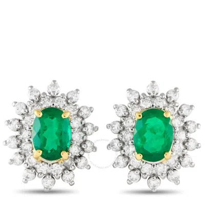 Lb Exclusive 18k White And Yellow Gold 0.80ct Diamond And Emerald Halo Earrings Mf01 03192 In Multi-color