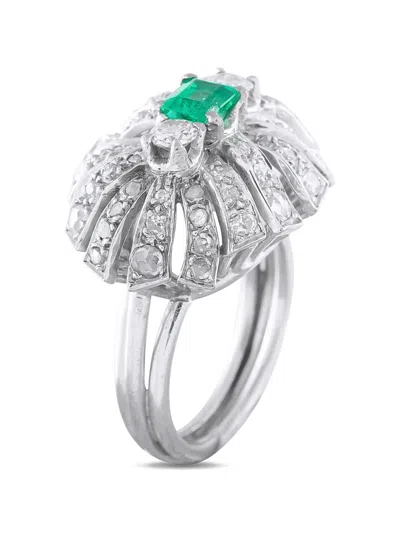 Pre-owned Lb Exclusive Rose-cut Diamond And Emerald Cocktail Ring In Silver
